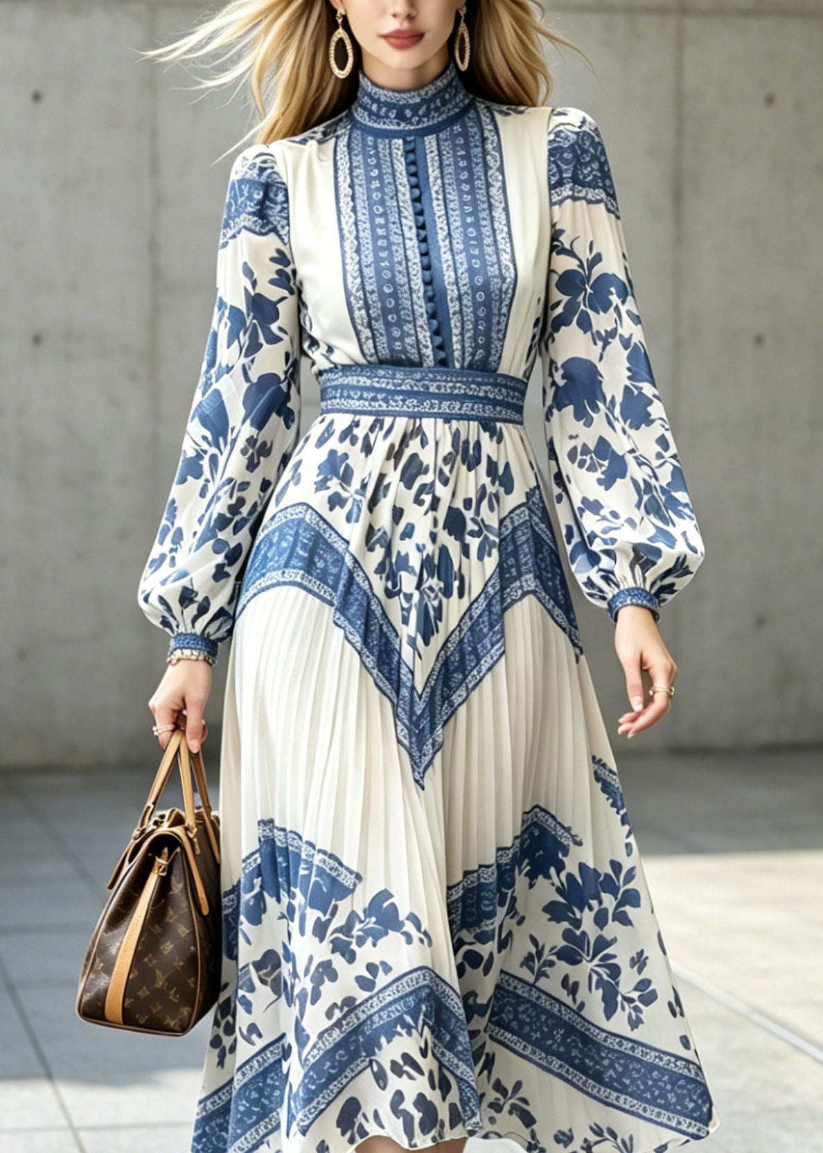 Chiffon Floral Tile Print Mock Neck Bishop Sleeve Button Pleated Midi Dress