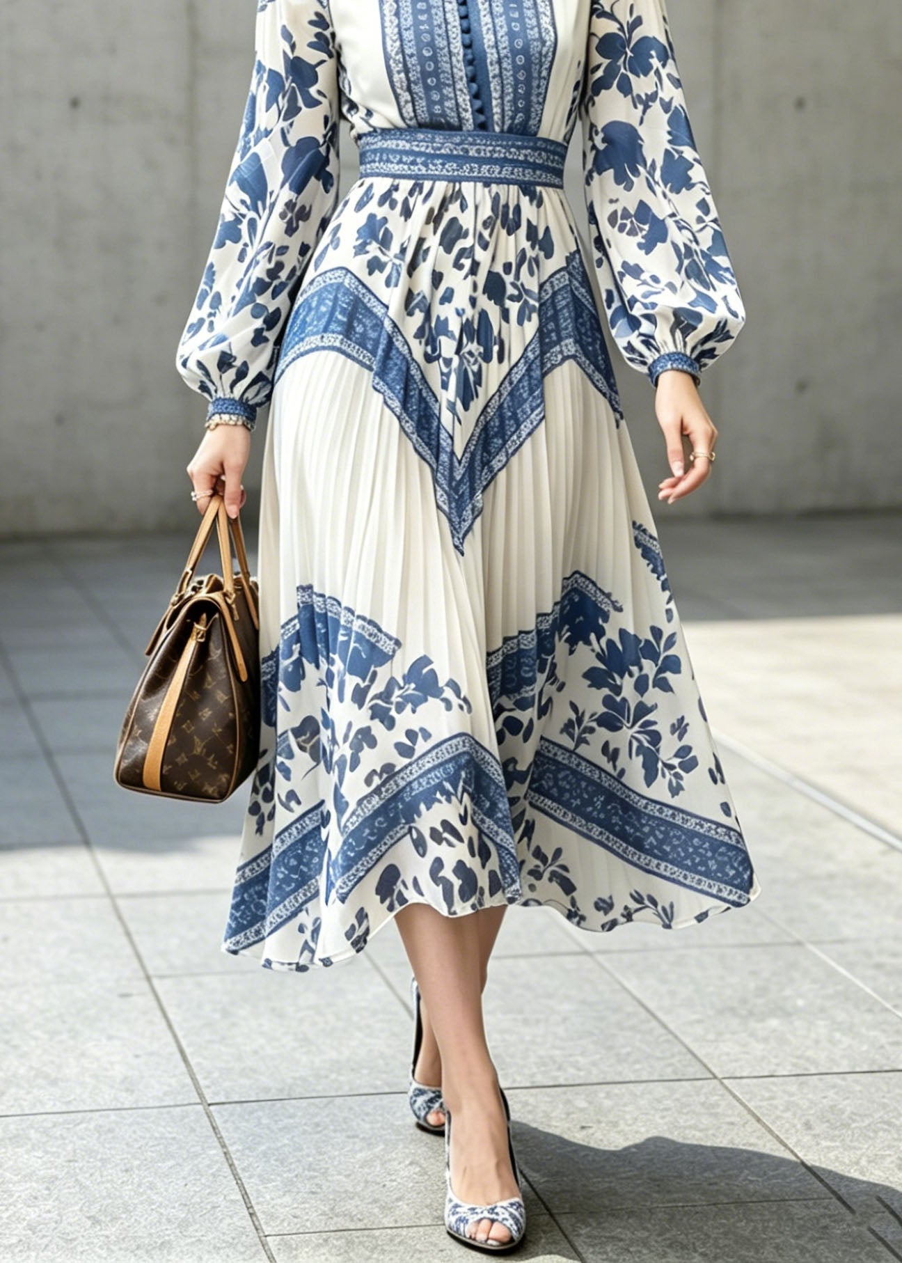 Chiffon Floral Tile Print Mock Neck Bishop Sleeve Button Pleated Midi Dress
