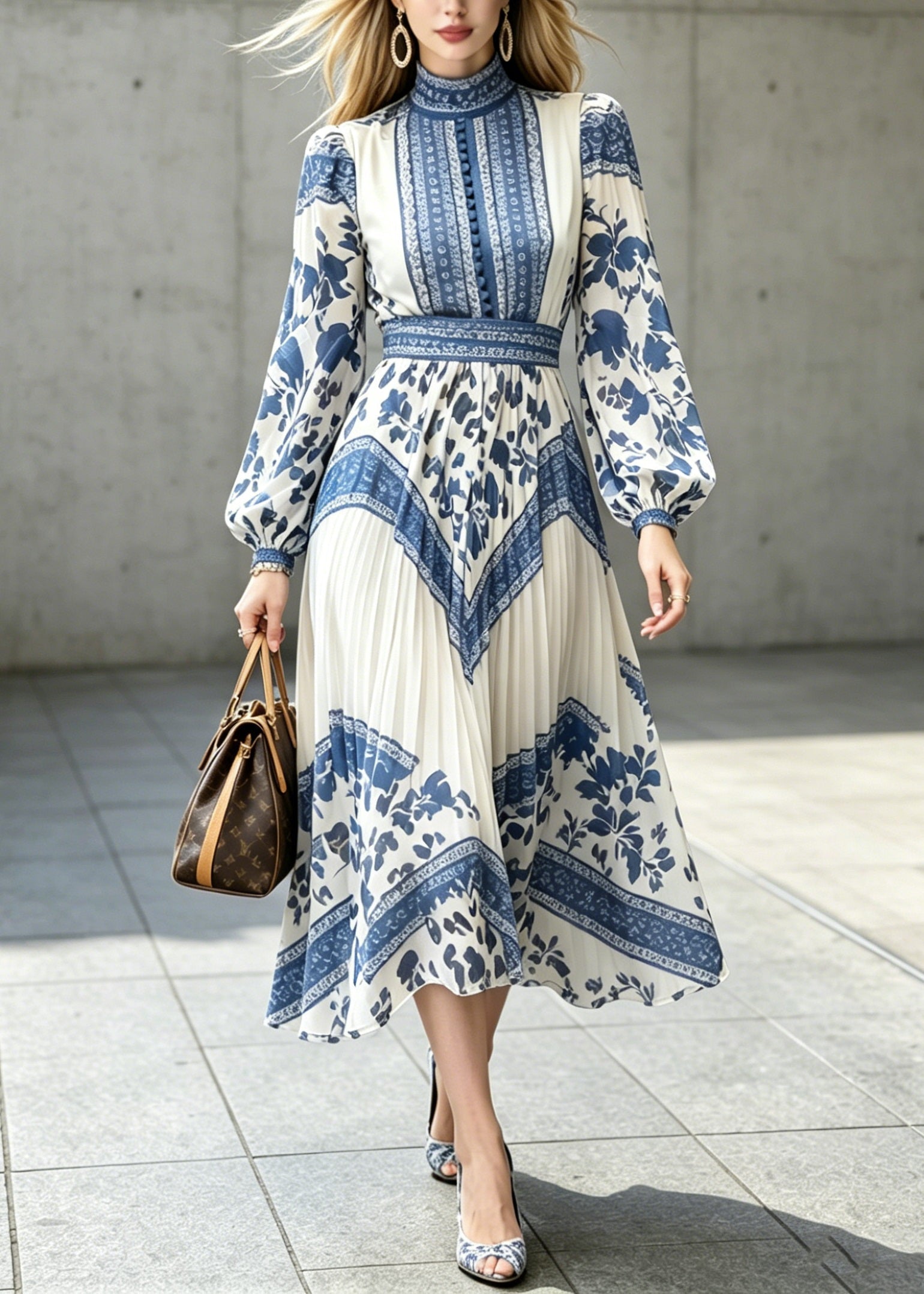 Chiffon Floral Tile Print Mock Neck Bishop Sleeve Button Pleated Midi Dress