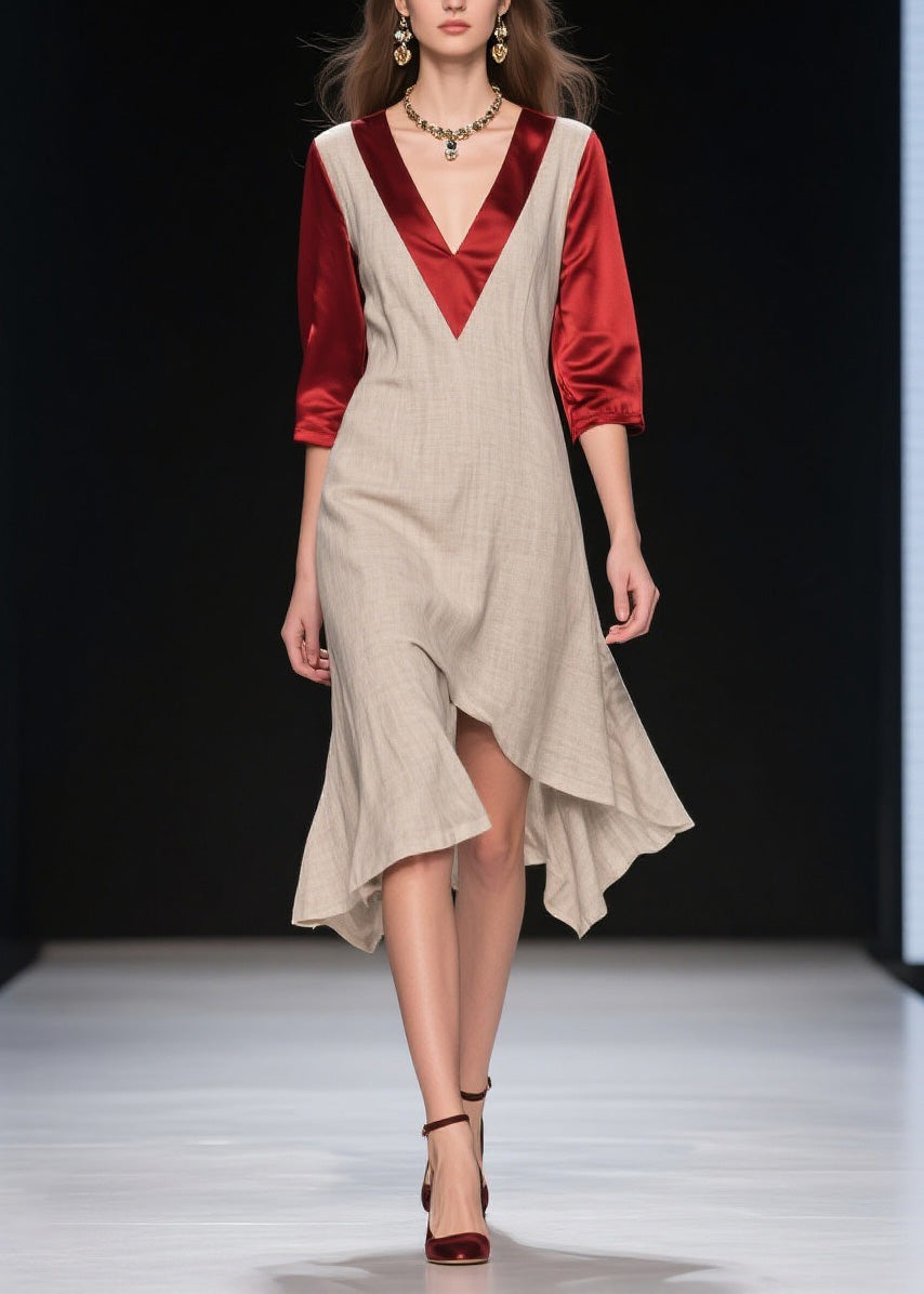 Deep V-Neck Layered Overlay Satin Sleeve Asymmetrical Ruffle Hem Midi Dress