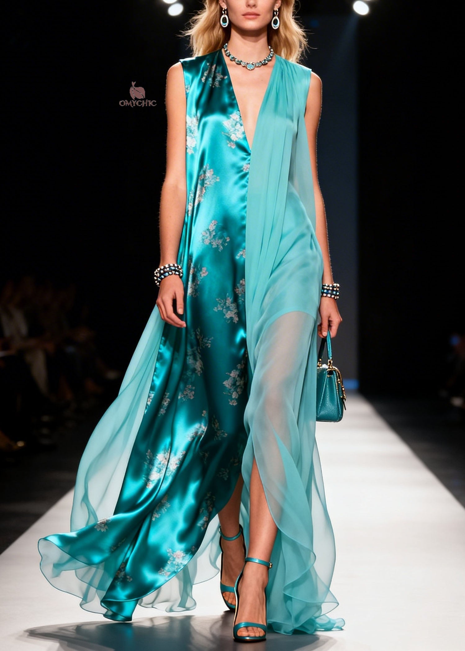 Chiffon Floral V-Neck Sleeveless Sheer Overlay Panel Maxi Dress