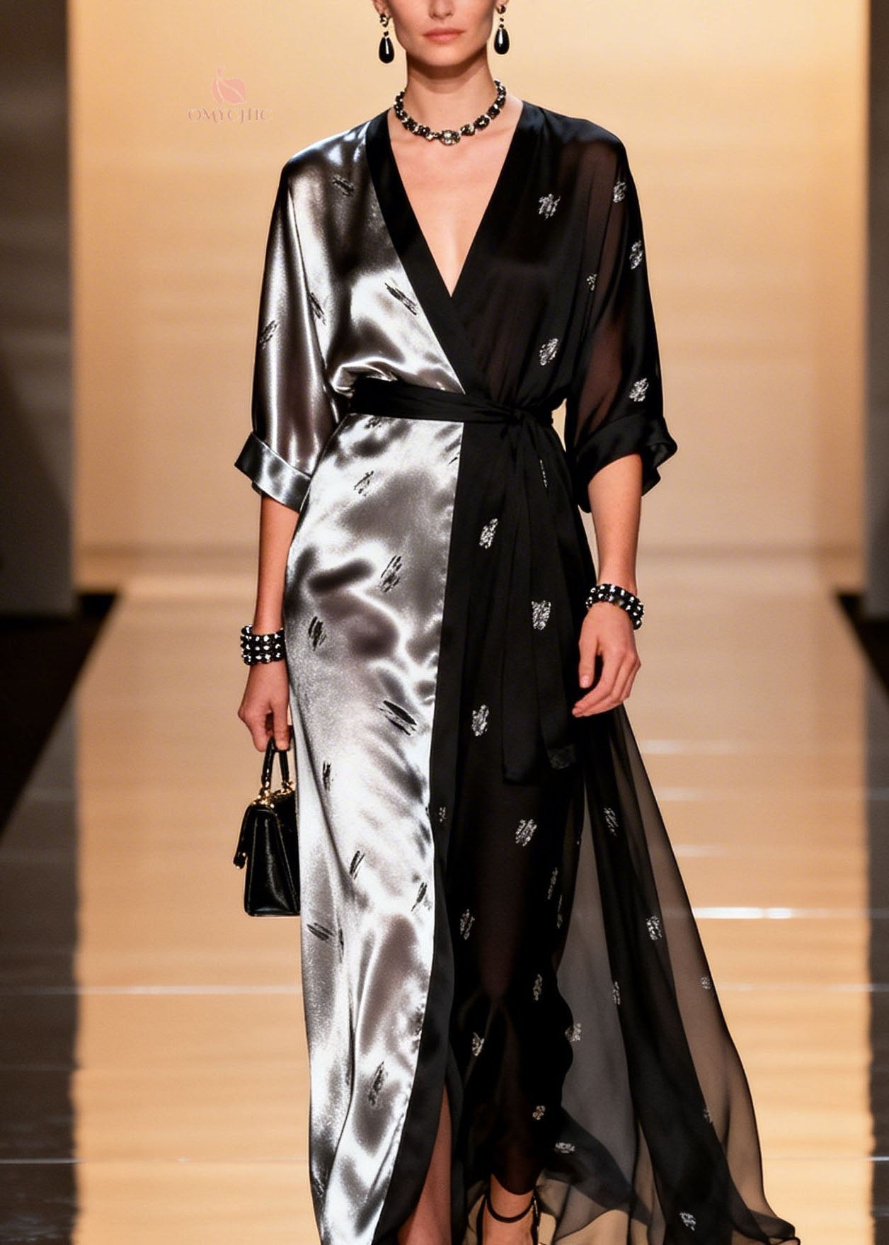 Deep V-Neck Wrap Kimono Sleeve Beetle Print Split Sheer Panel Maxi Gown