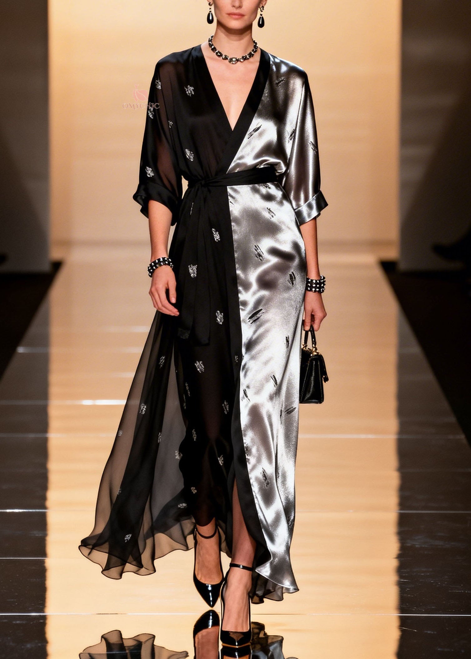 Deep V-Neck Wrap Kimono Sleeve Beetle Print Split Sheer Panel Maxi Gown