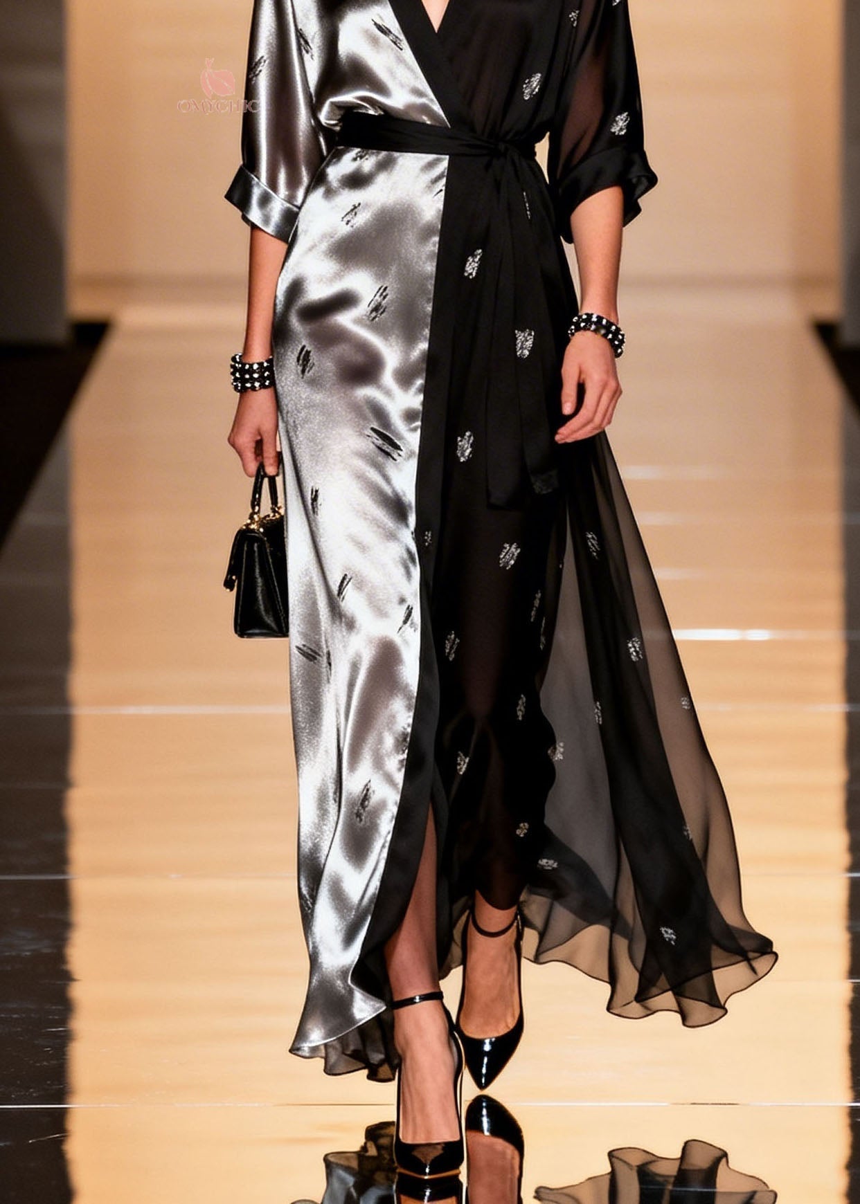 Deep V-Neck Wrap Kimono Sleeve Beetle Print Split Sheer Panel Maxi Gown