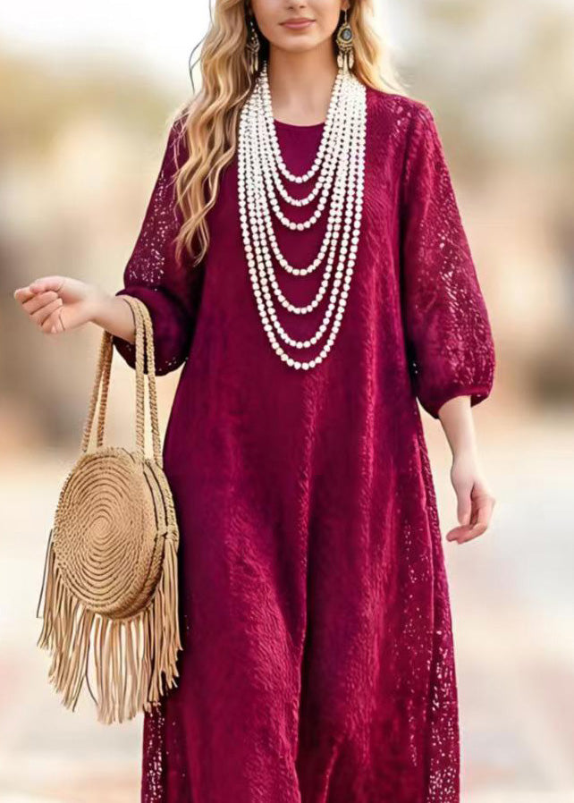 Lace Cut Out Round Neck 3/4 Sleeve Scalloped Hem Maxi Summer Dress