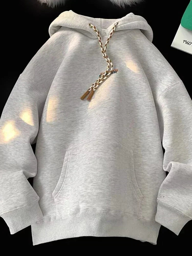 Small Flower Letter Print Braided Drawstring Fleece Hoodie 8