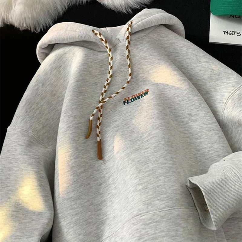 Small Flower Letter Print Braided Drawstring Fleece Hoodie