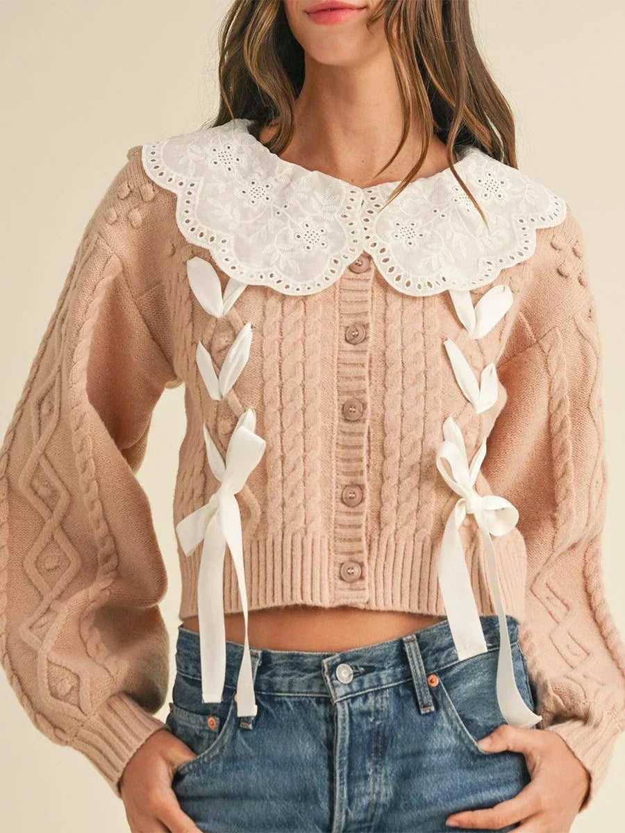Eyelet Lace Collar Ribbon Bow Cable Knit Cropped Cardigan 5