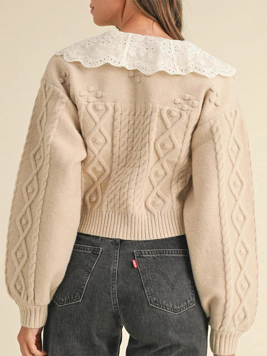 Eyelet Lace Collar Ribbon Bow Cable Knit Cropped Cardigan 4