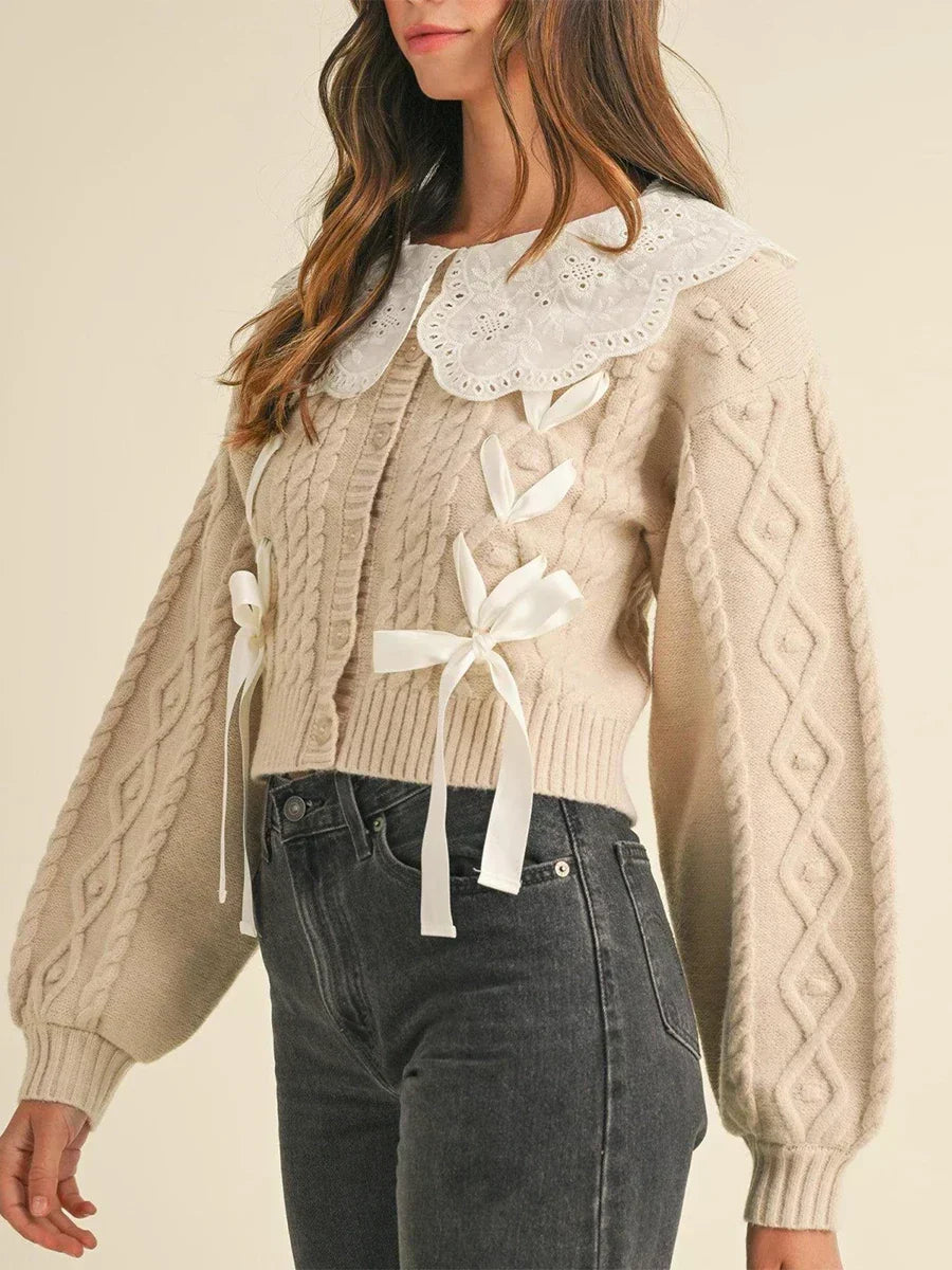 Eyelet Lace Collar Ribbon Bow Cable Knit Cropped Cardigan 2