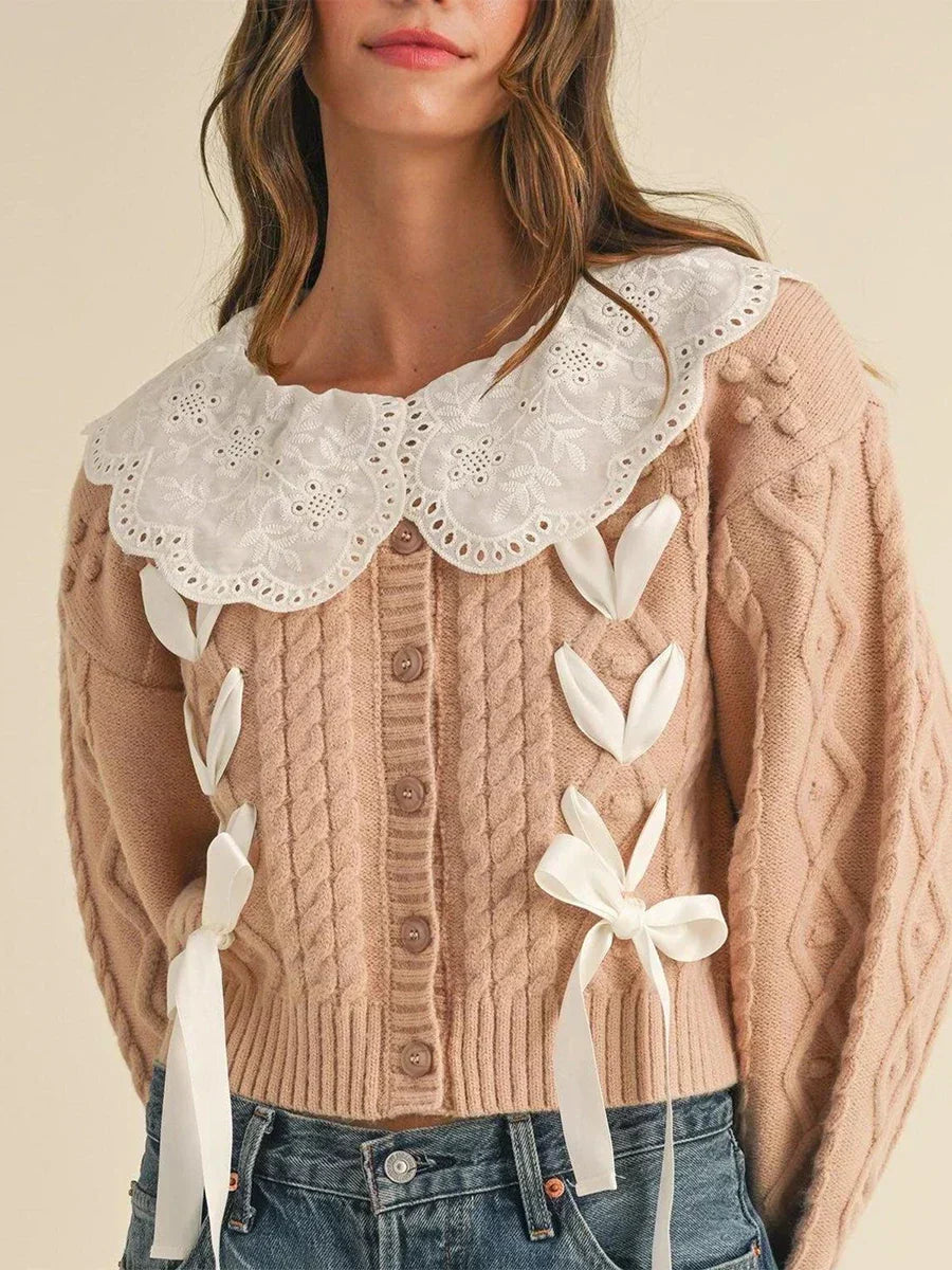 Eyelet Lace Collar Ribbon Bow Cable Knit Cropped Cardigan 6