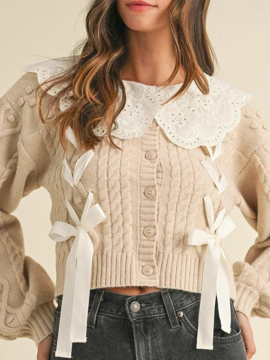 Eyelet Lace Collar Ribbon Bow Cable Knit Cropped Cardigan