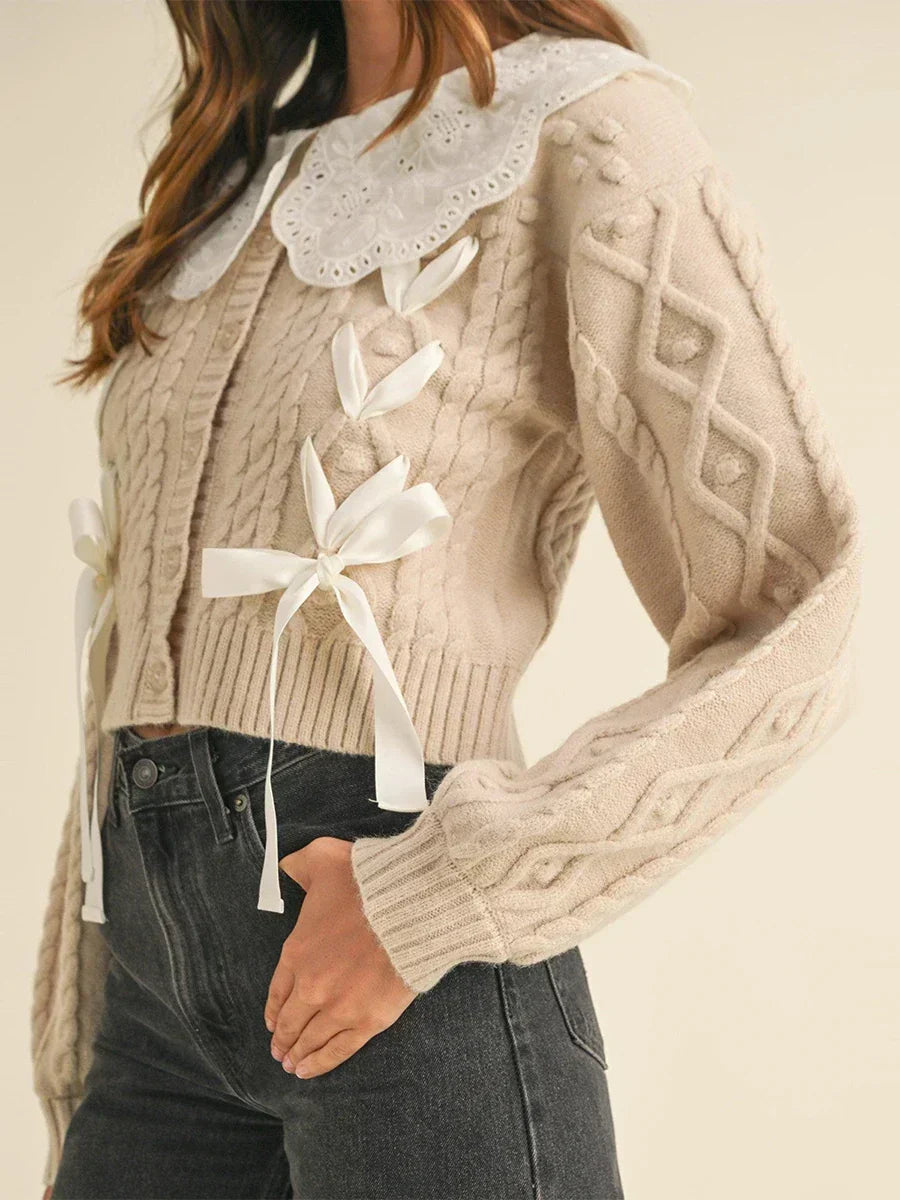 Eyelet Lace Collar Ribbon Bow Cable Knit Cropped Cardigan 3