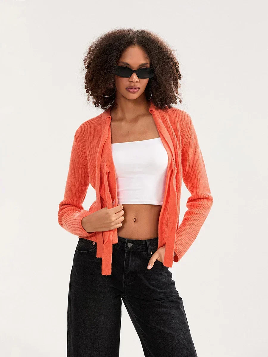 Tie Front Long Sleeve Ribbed Knit Cropped Cardigan