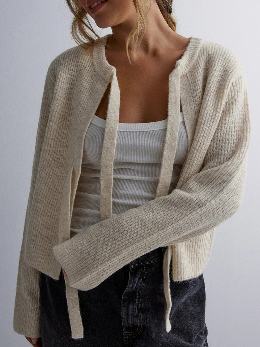 Tie Front Long Sleeve Ribbed Knit Cropped Cardigan 7
