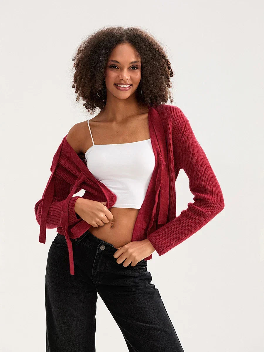 Tie Front Long Sleeve Ribbed Knit Cropped Cardigan 3