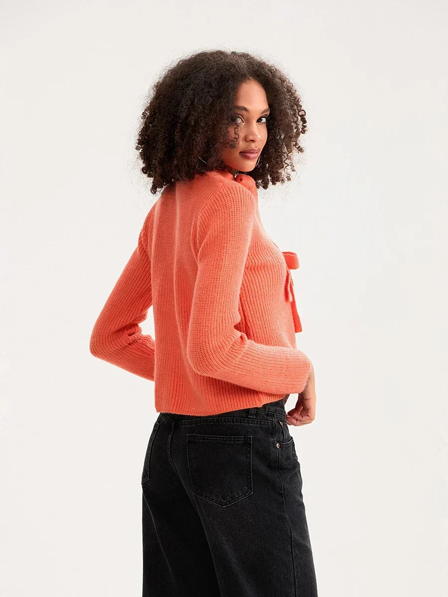 Tie Front Long Sleeve Ribbed Knit Cropped Cardigan 2