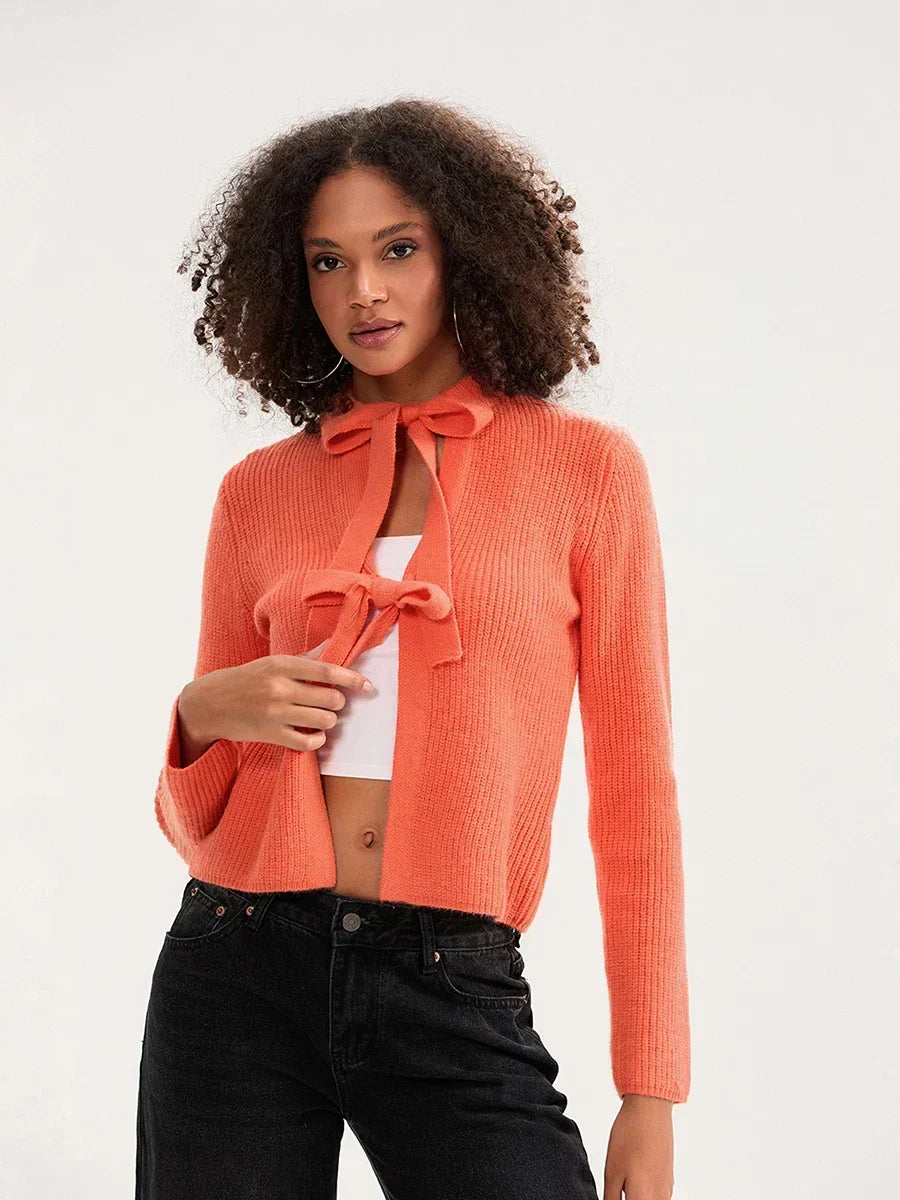 Tie Front Long Sleeve Ribbed Knit Cropped Cardigan 8