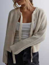 Bow Tie Front Crew Neck Knit Cardigan gray / S