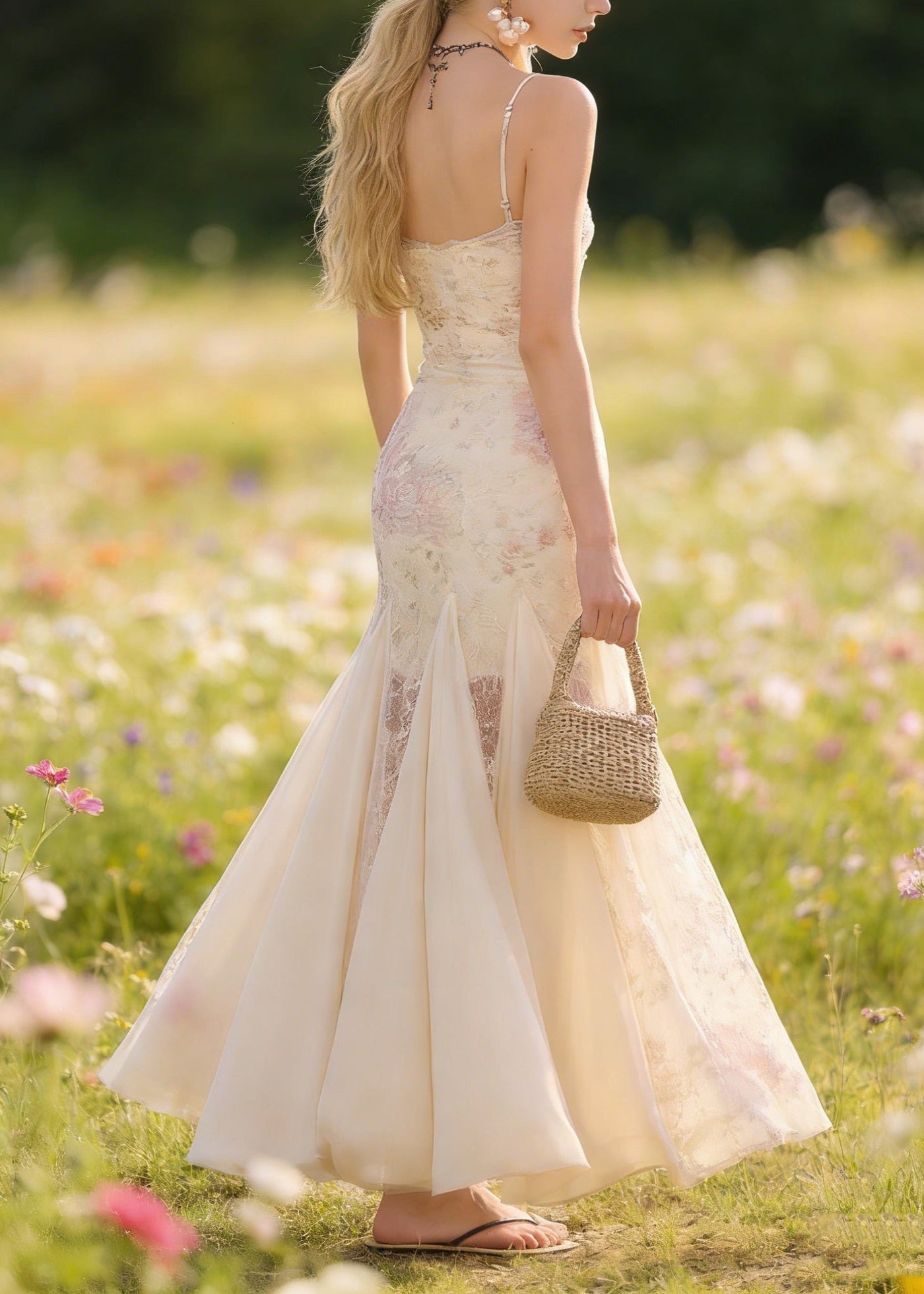 New Floral Patchwork Tulle Spaghetti Strap Dress Summer 2