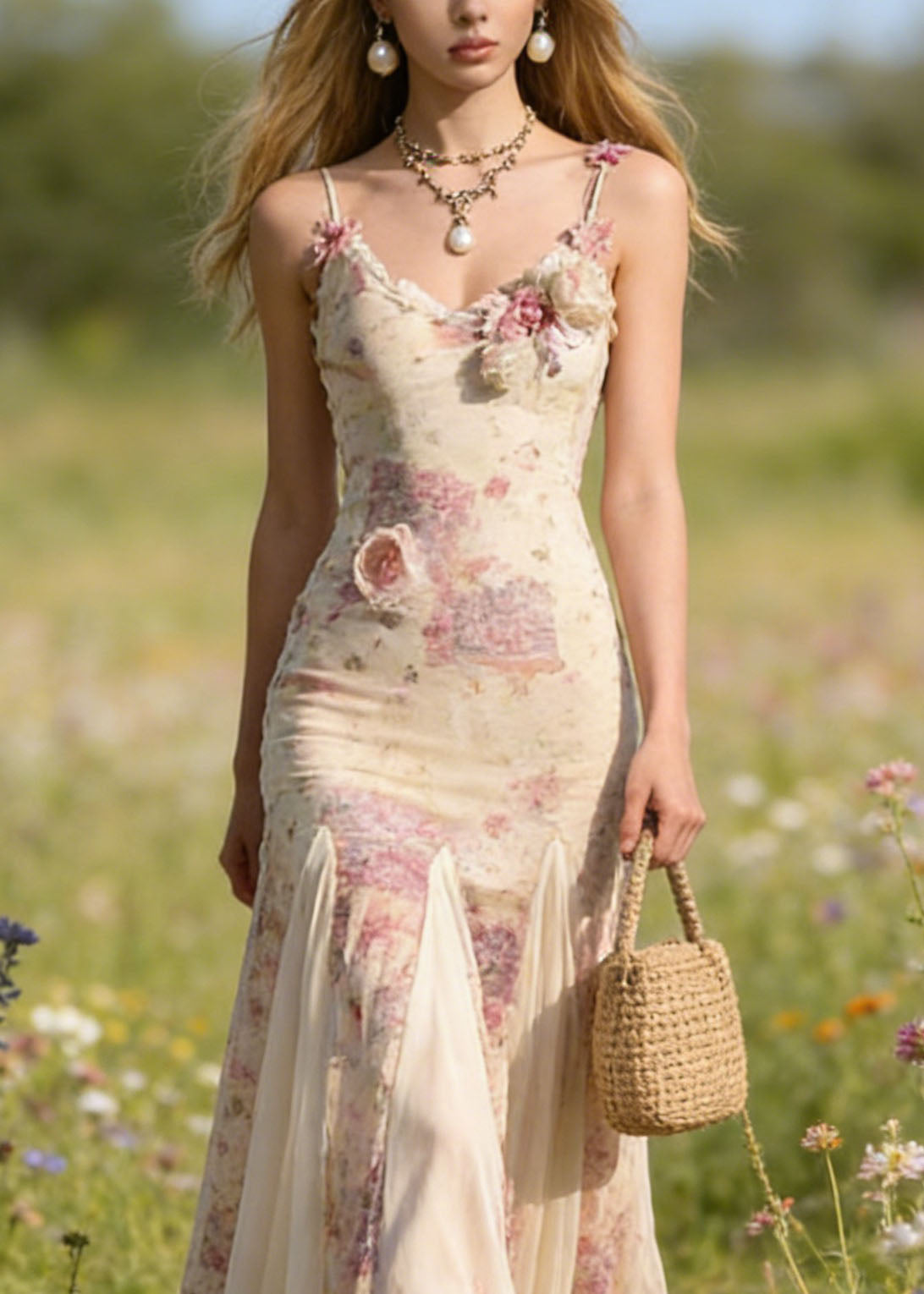 New Floral Patchwork Tulle Spaghetti Strap Dress Summer 3