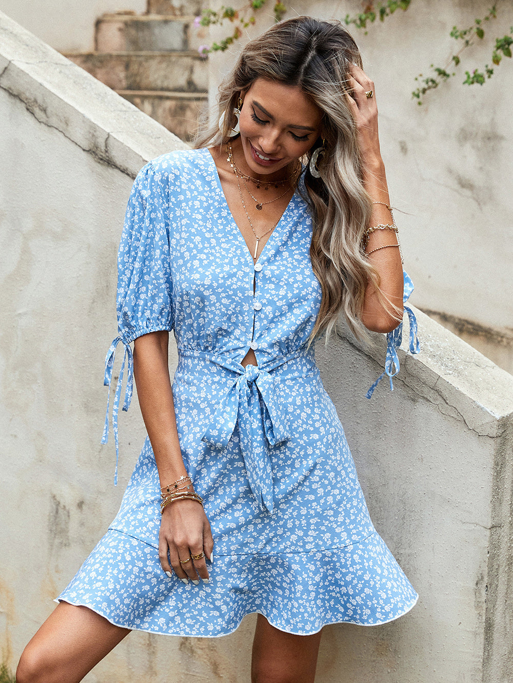 New Fresh and Sweet V-neck Bow Floral Dress