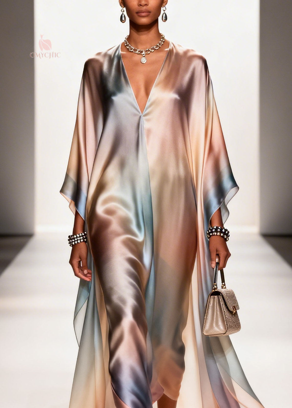 Ombre Print Deep V-Neck Kaftan Cape Sleeve Satin Maxi Gown