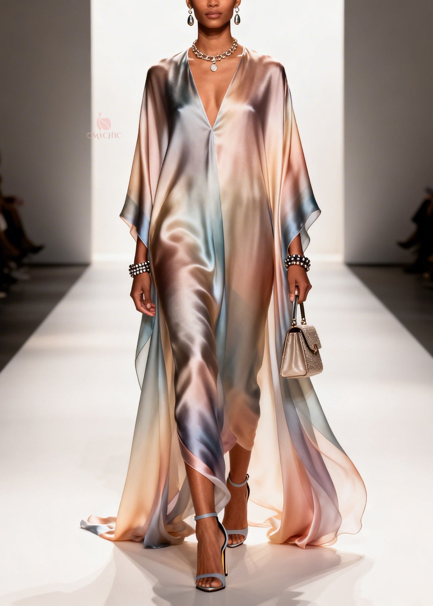 Ombre Print Deep V-Neck Kaftan Cape Sleeve Satin Maxi Gown