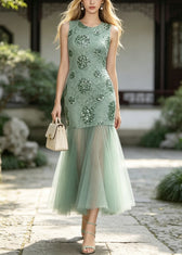 New Green O Neck Sequins Patchwork Tulle Maxi Dresses Sleeveless