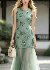 New Green O Neck Sequins Patchwork Tulle Maxi Dresses Sleeveless 2