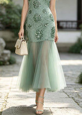 New Green O Neck Sequins Patchwork Tulle Maxi Dresses Sleeveless 4