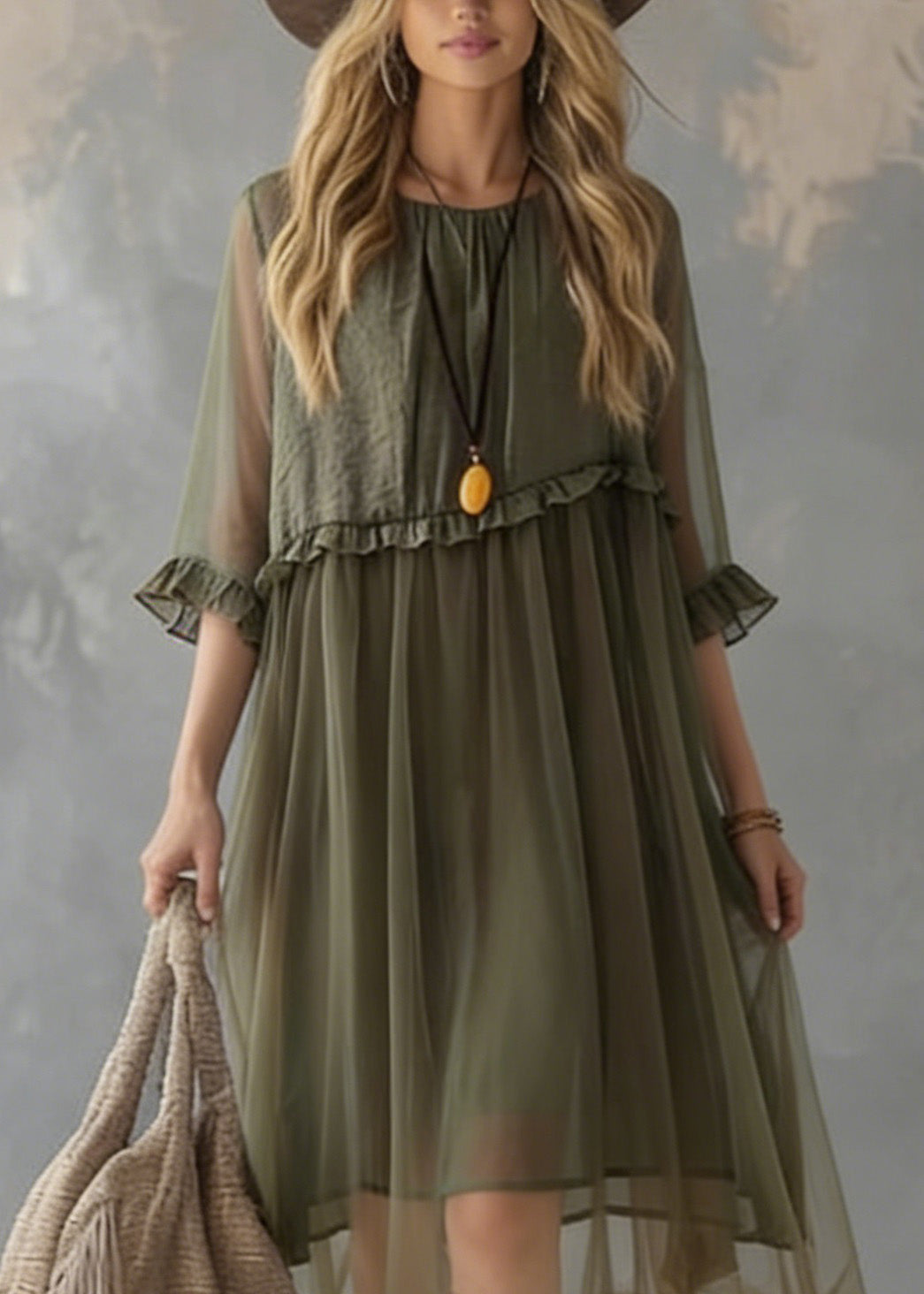 New Green Ruffled Tulle Patchwork Chiffon Dresses Summer 2