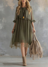 New Green Ruffled Tulle Patchwork Chiffon Dresses Summer 3