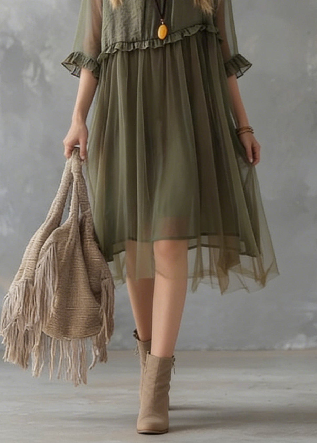New Green Ruffled Tulle Patchwork Chiffon Dresses Summer 4