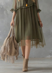 New Green Ruffled Tulle Patchwork Chiffon Dresses Summer 4