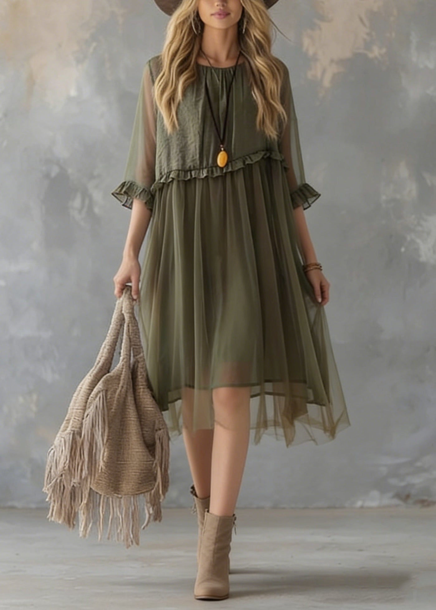 New Green Ruffled Tulle Patchwork Chiffon Dresses Summer 5