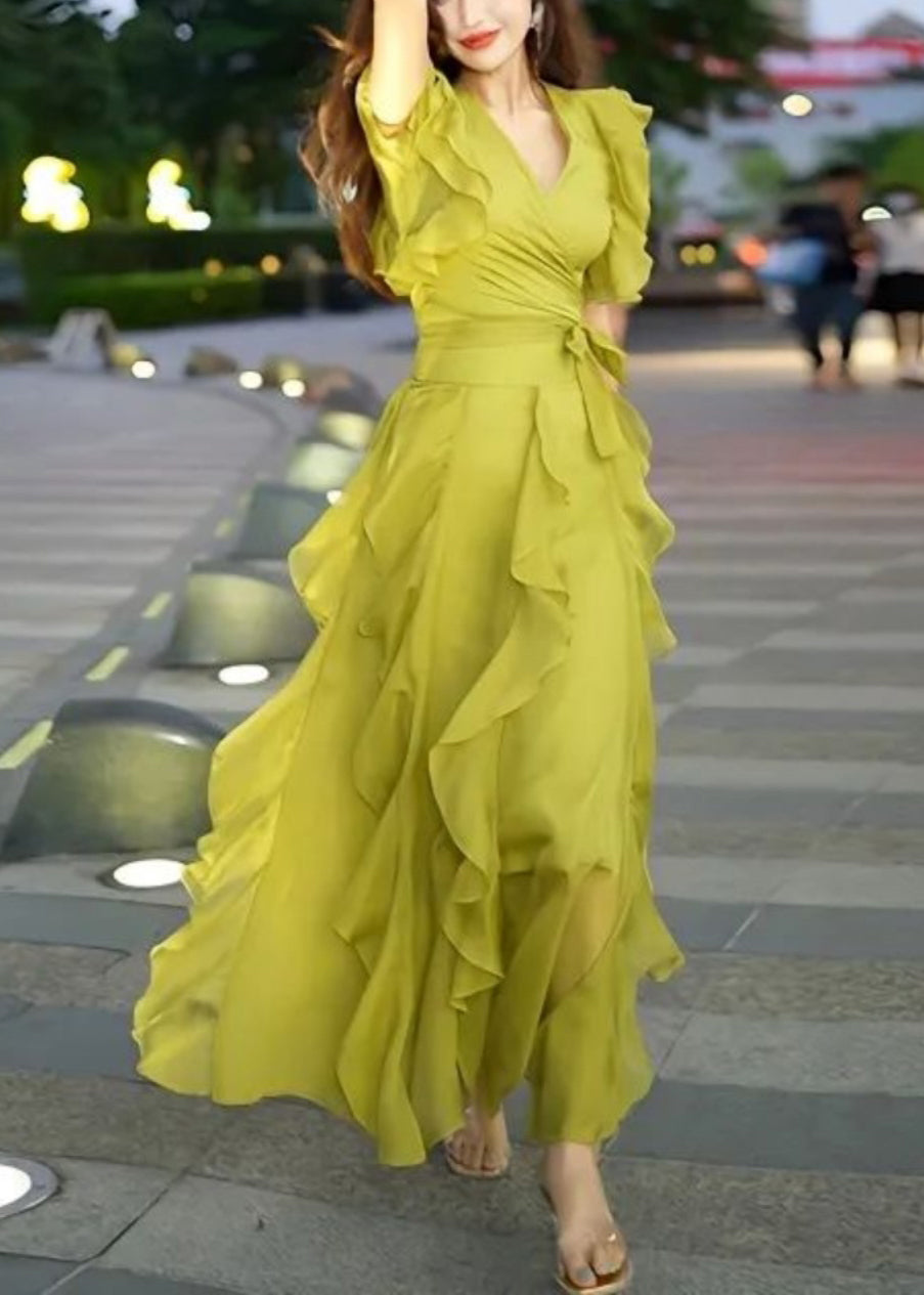 New Green V Neck Ruffled Chiffon Long Dresses Summer 2