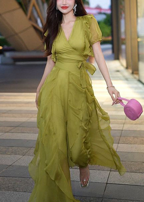 New Green V Neck Ruffled Chiffon Long Dresses Summer 3