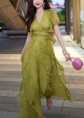 New Green V Neck Ruffled Chiffon Long Dresses Summer 3