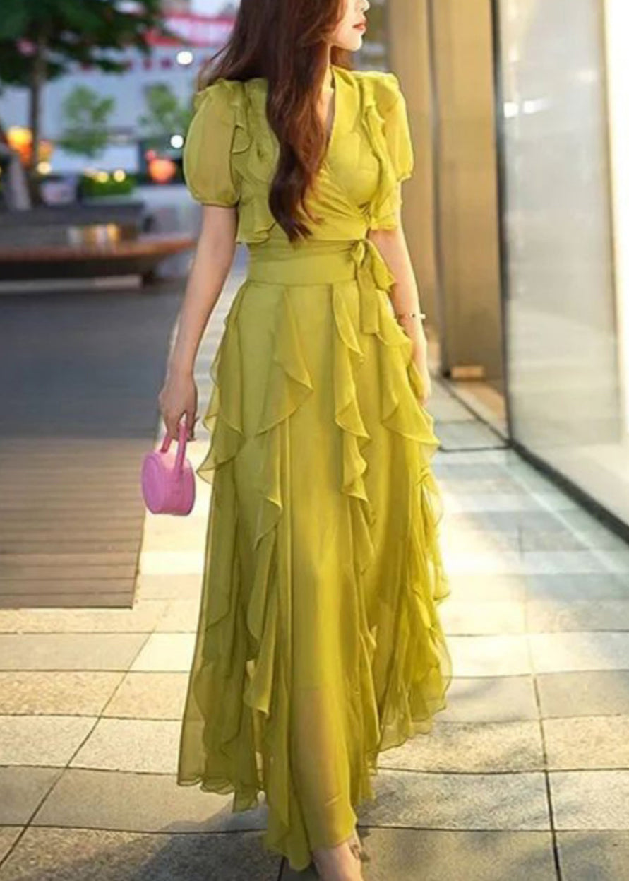 New Green V Neck Ruffled Chiffon Long Dresses Summer 4