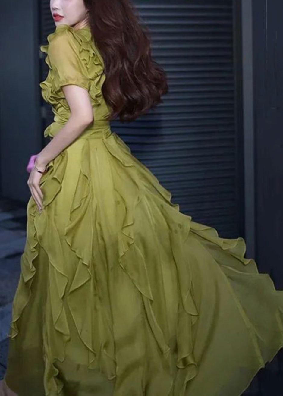 New Green V Neck Ruffled Chiffon Long Dresses Summer 5