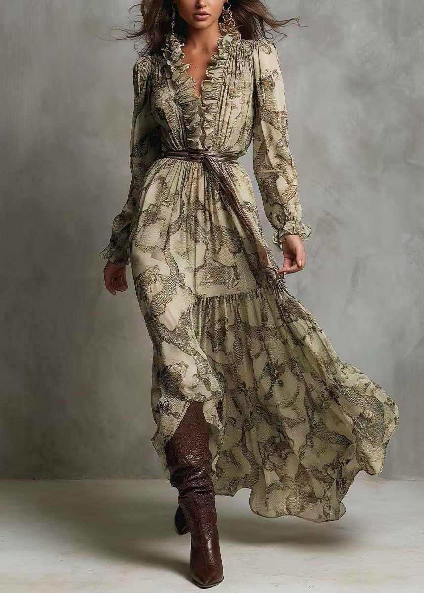 New Green V Neck Ruffled Patchwork Chiffon Long Dresses Summer 3