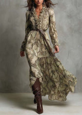New Green V Neck Ruffled Patchwork Chiffon Long Dresses Summer 3