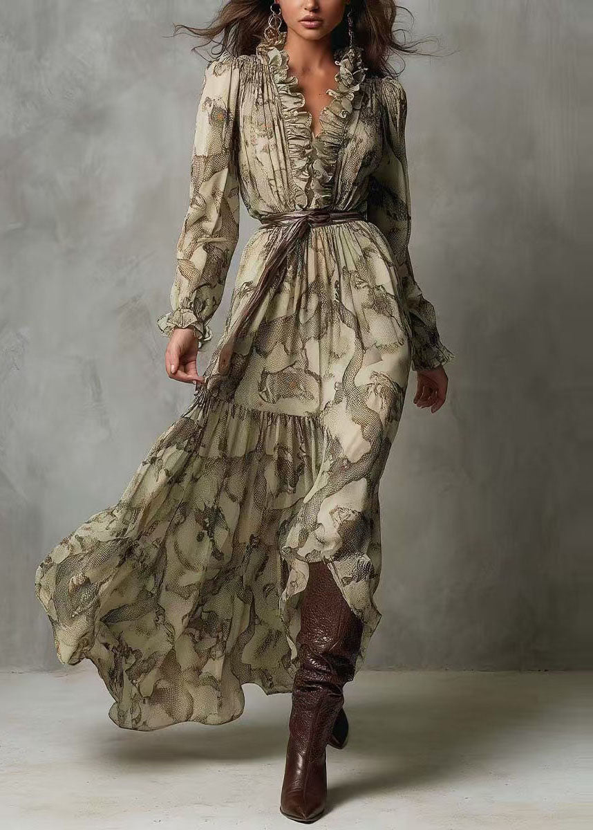 New Green V Neck Ruffled Patchwork Chiffon Long Dresses Summer 5