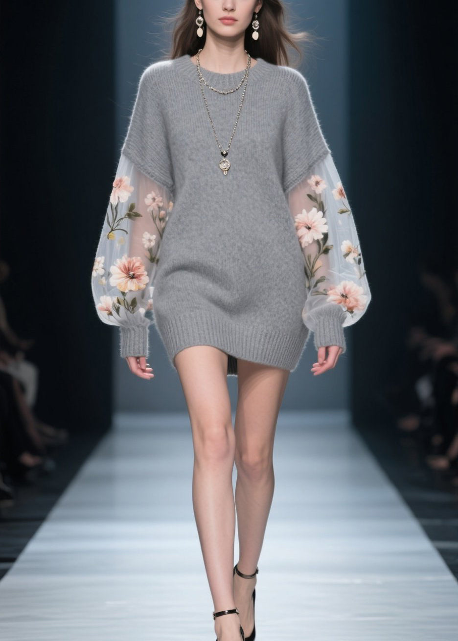 Knit Drop Shoulder Tulle Floral Embroidered Balloon Sleeve Mini Dress