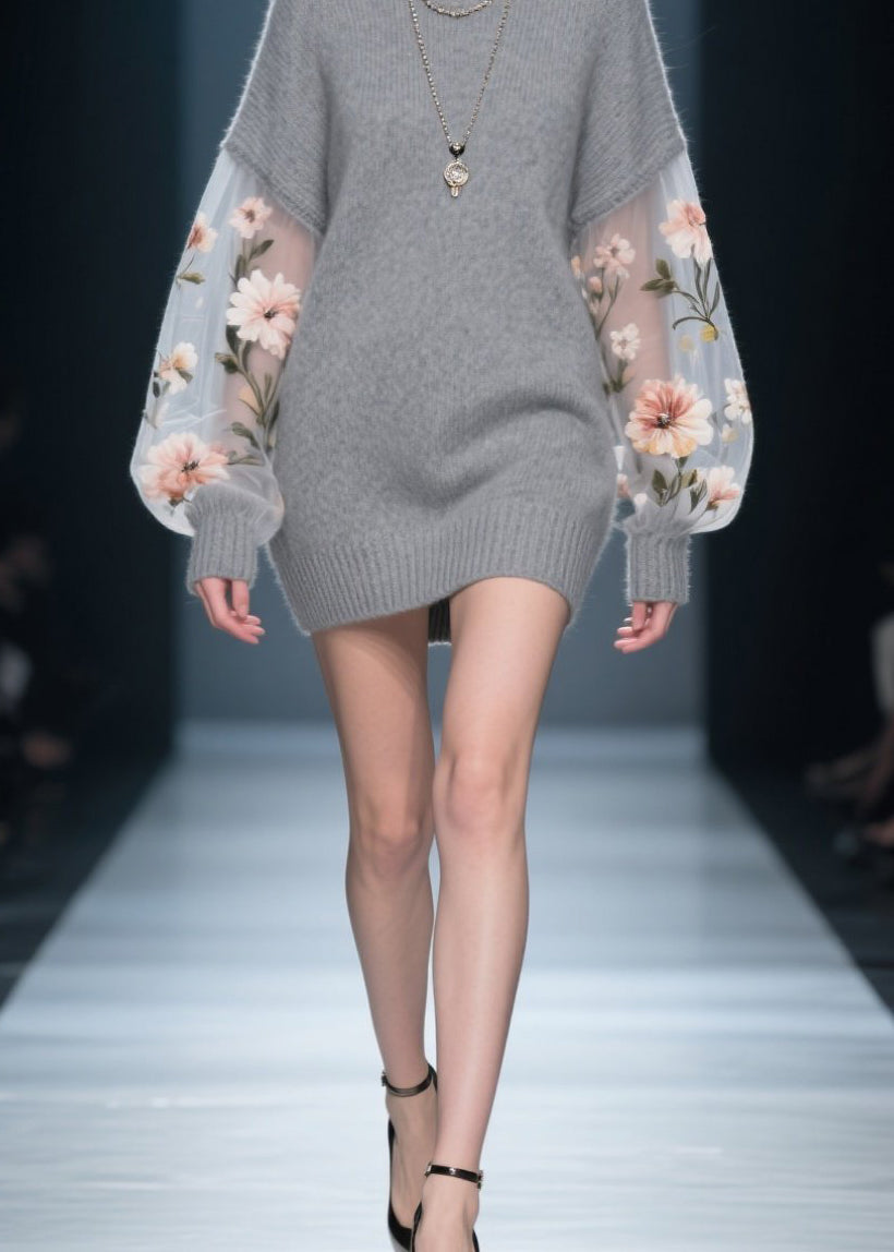 Knit Drop Shoulder Tulle Floral Embroidered Balloon Sleeve Mini Dress