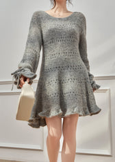 New Grey Ruffled Hollow Out Lace Up Knit Sweater Dress Fall 2