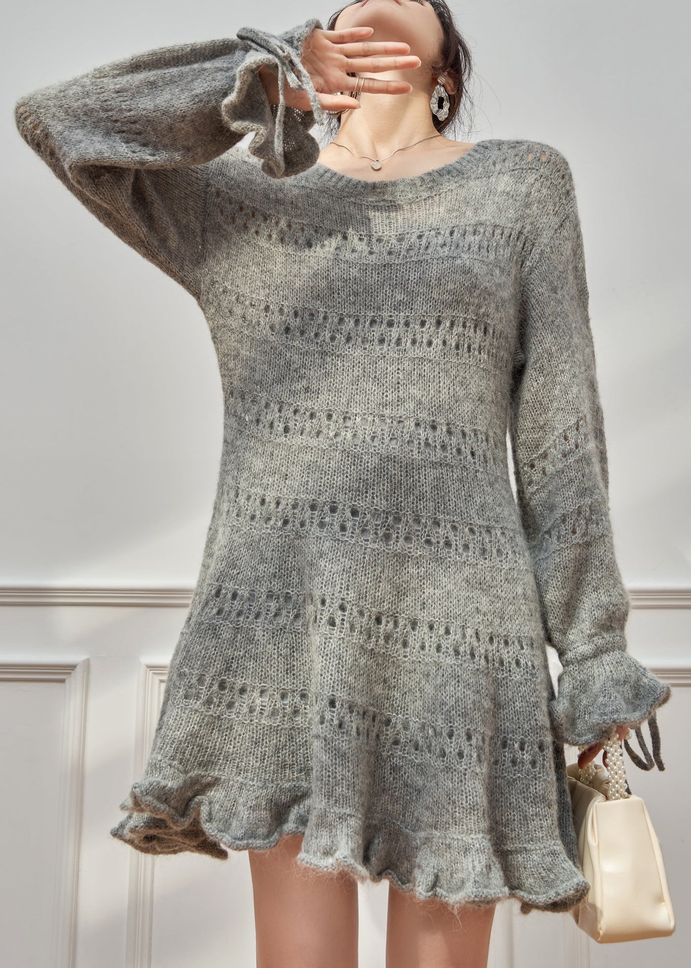New Grey Ruffled Hollow Out Lace Up Knit Sweater Dress Fall 3