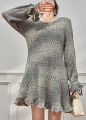 New Grey Ruffled Hollow Out Lace Up Knit Sweater Dress Fall 3