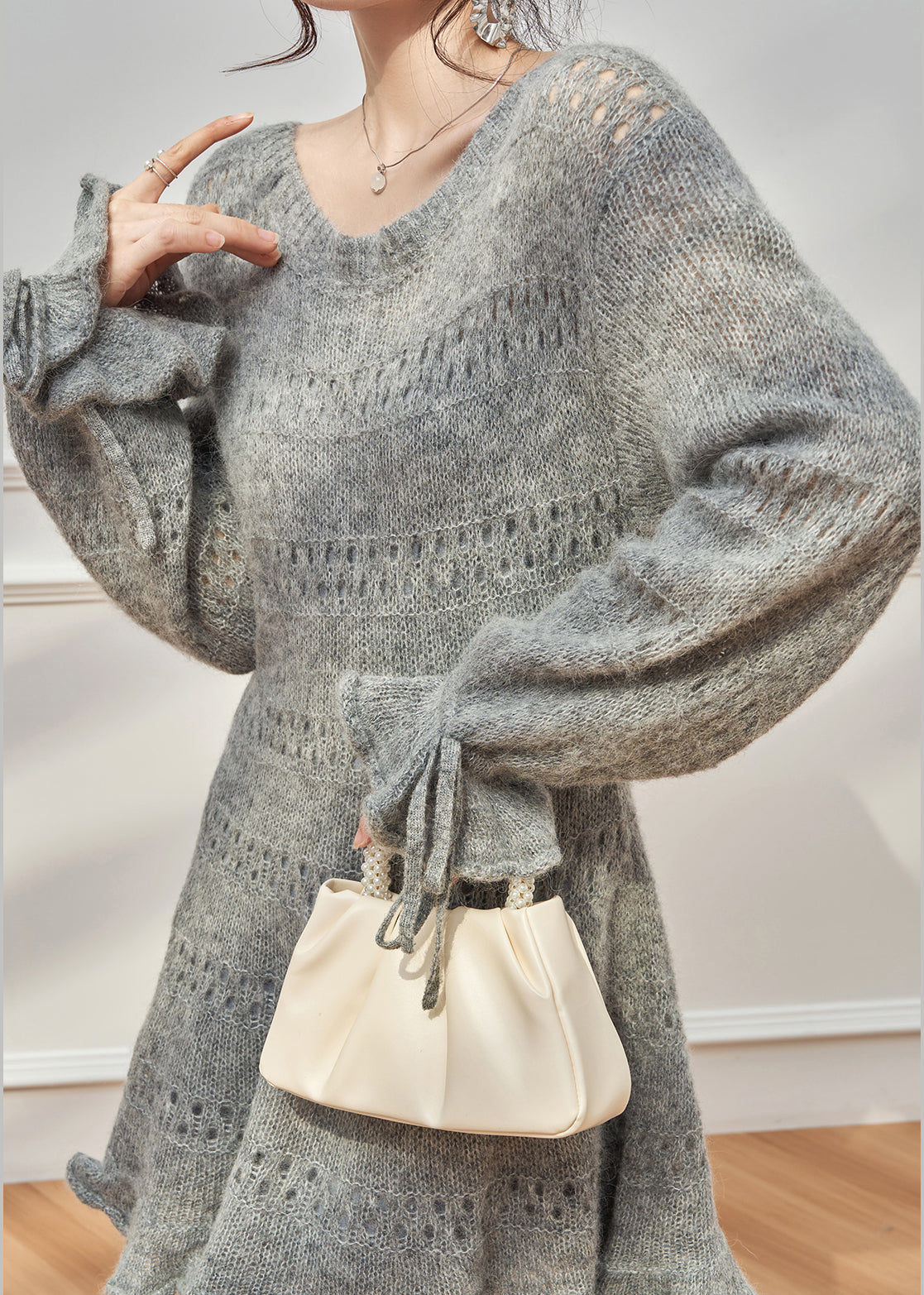 New Grey Ruffled Hollow Out Lace Up Knit Sweater Dress Fall 5